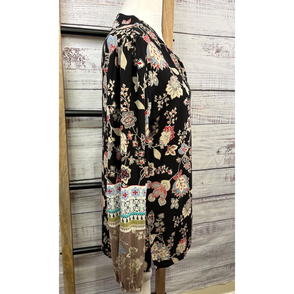 Belle Boho Kim Gravel Black Floral Paisley Split Neck Long Sleeve Top XS - Picture 9 of 10